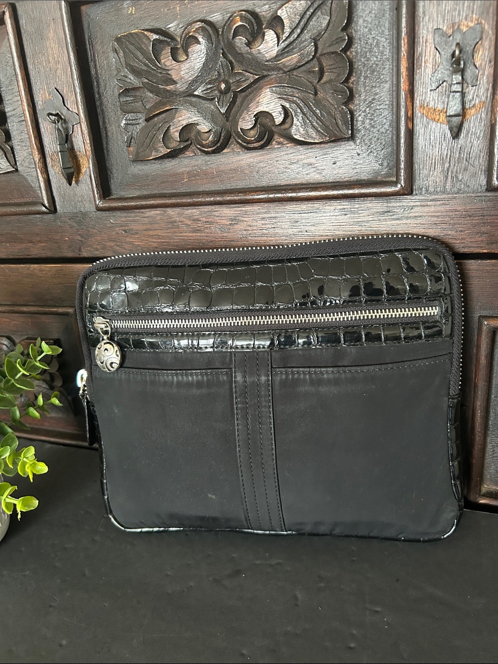 Men's Black Croc-Trim Laptop Sleeve with Front Zip Pocket